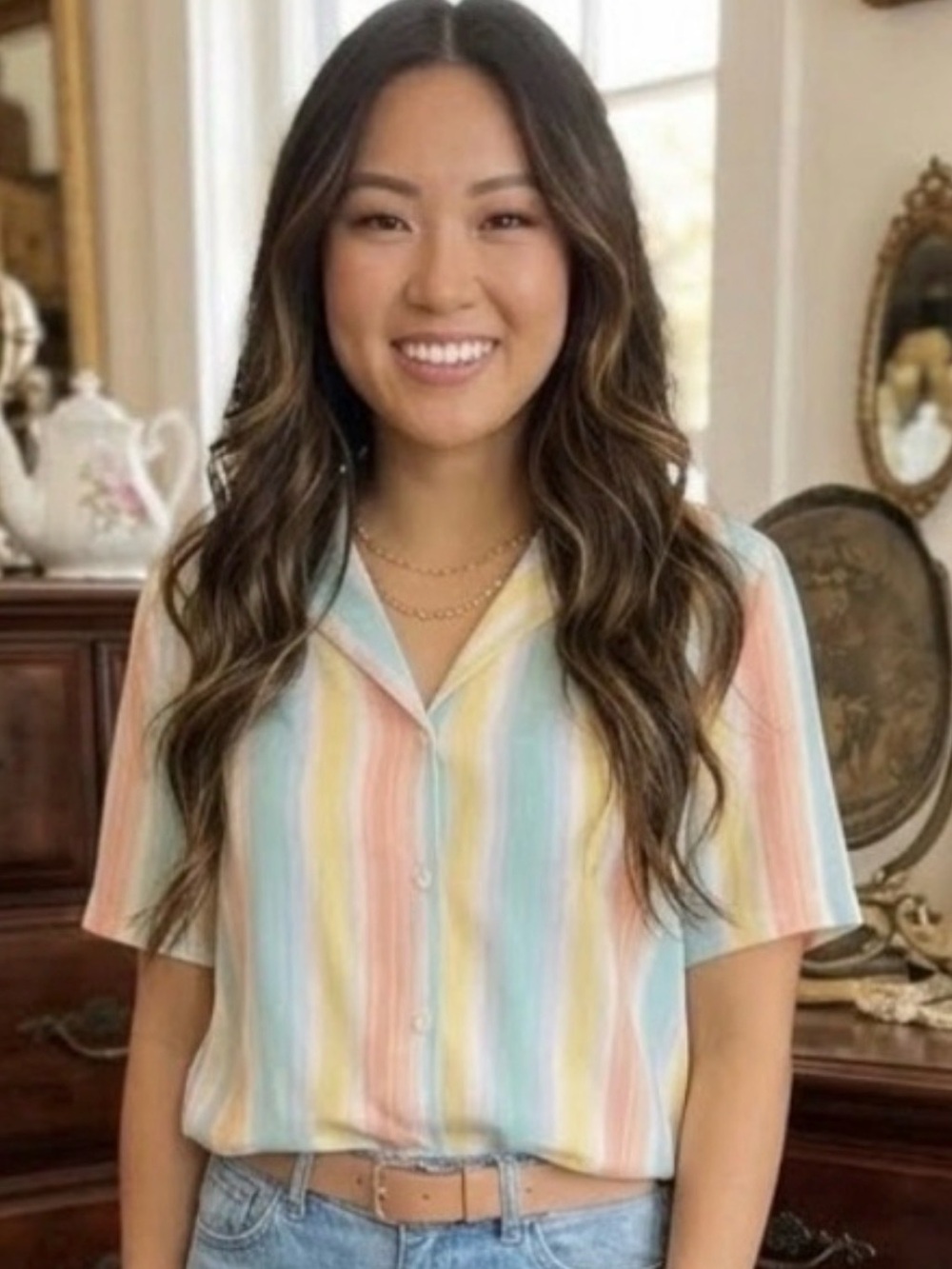 Donnkenny Vintage Pastel Striped Button Down Shirt Short Sleeve Medium NWT